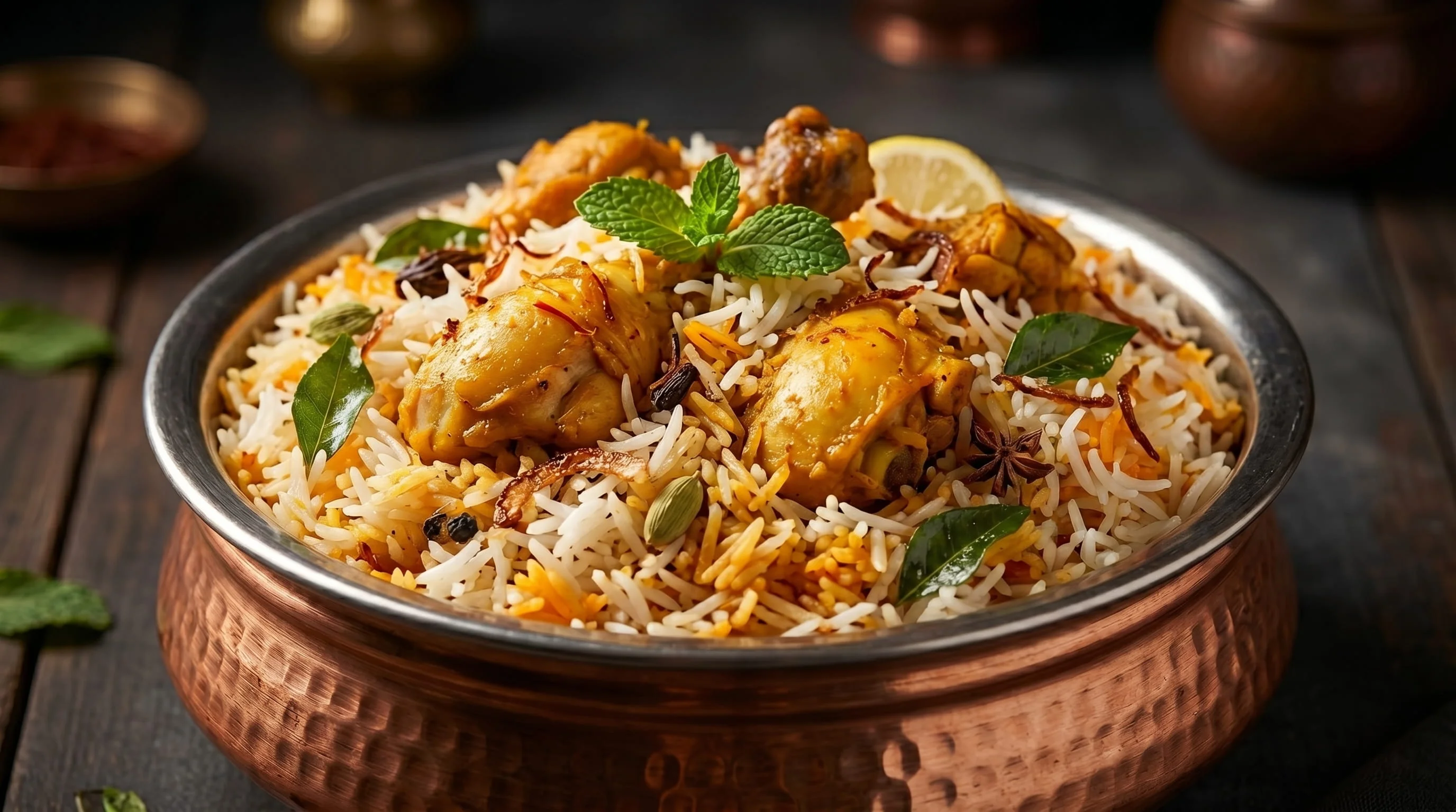 Spicy chicken biryani close-up with boiled eggs and aromatic rice